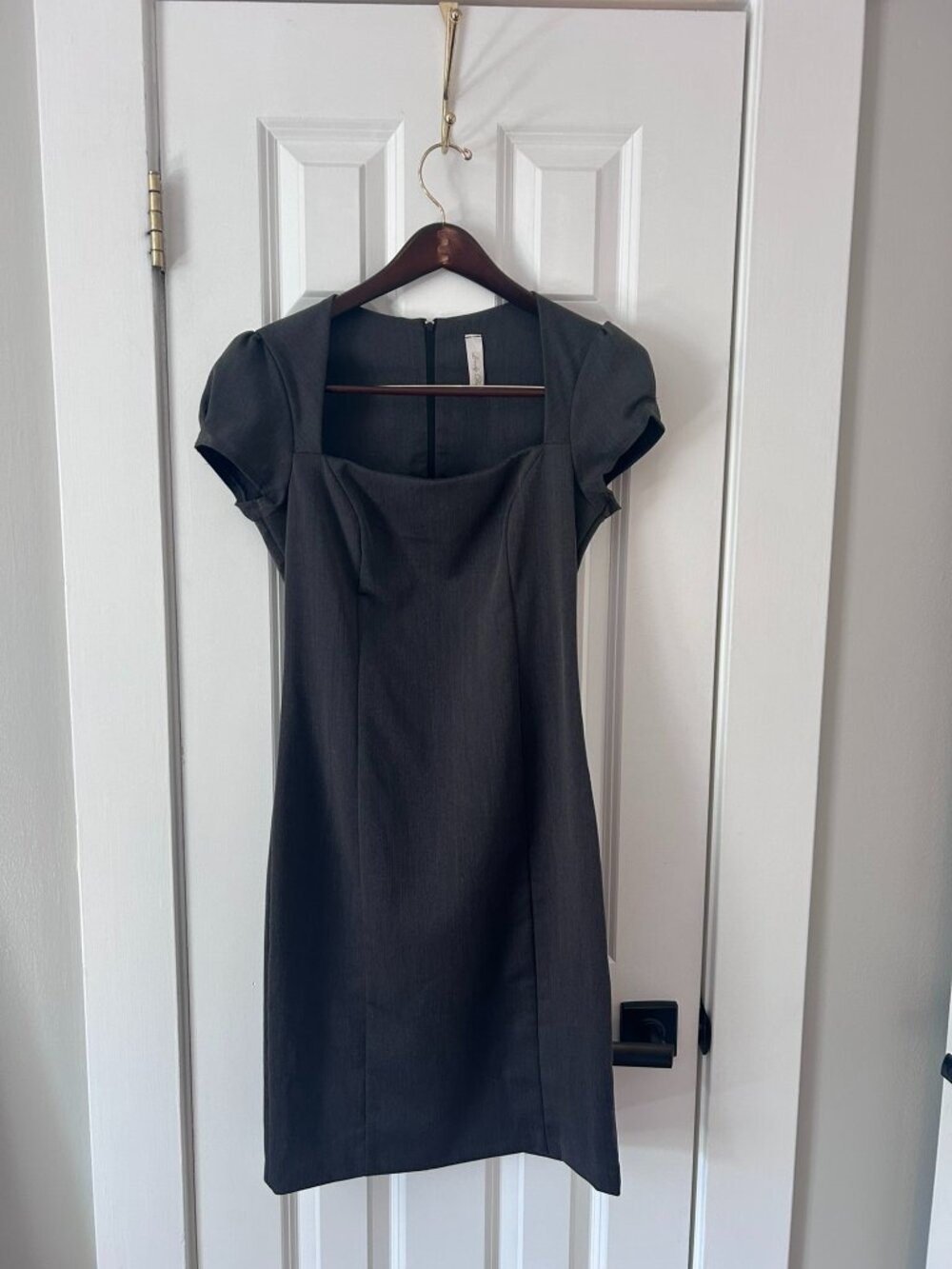 Lovely Day Charcoal Gray Cap Sleeve Sheath Dress Portrait Neckline Size M